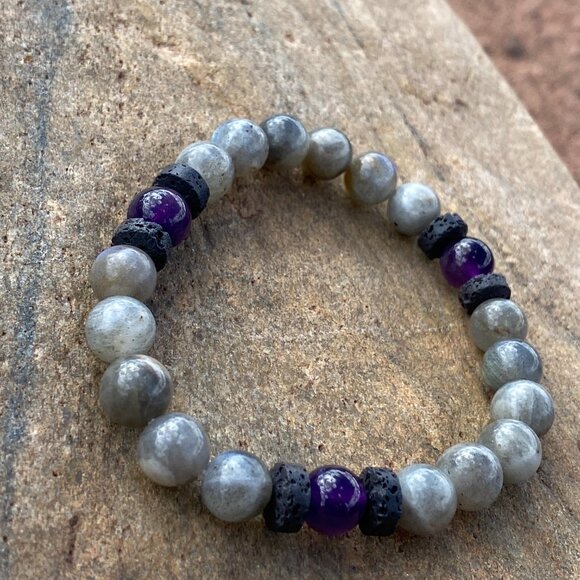 Wanderer and Gatherer - Labradorite, Lava, and Amethyst bracelet. 6.5" stretchy - Picture 4 of 4